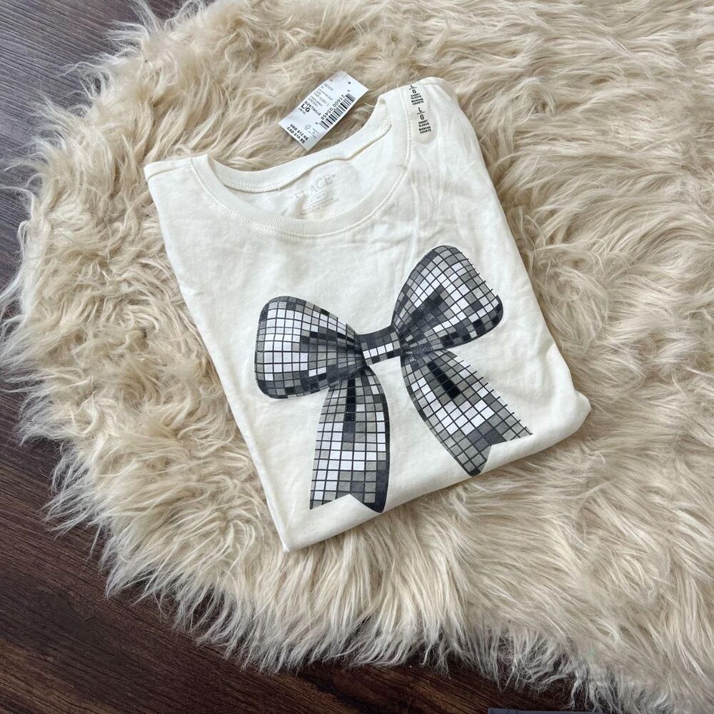 NWT Girls Disco Bow Graphic Tee - cream Size L 10 / 12